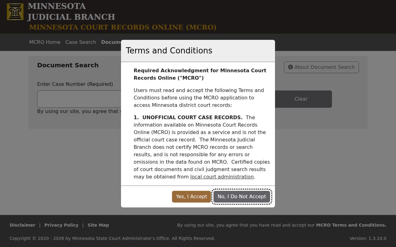 Red Lake County case search MCRO Document Search screen