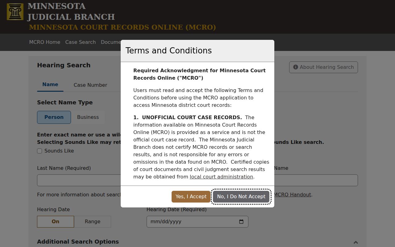 Red Lake County case search MCRO Hearing Search filter screen