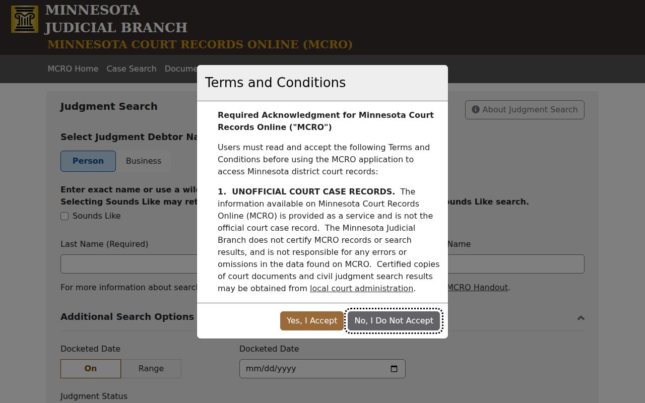Red Lake County case search MCRO Judgment Search screen